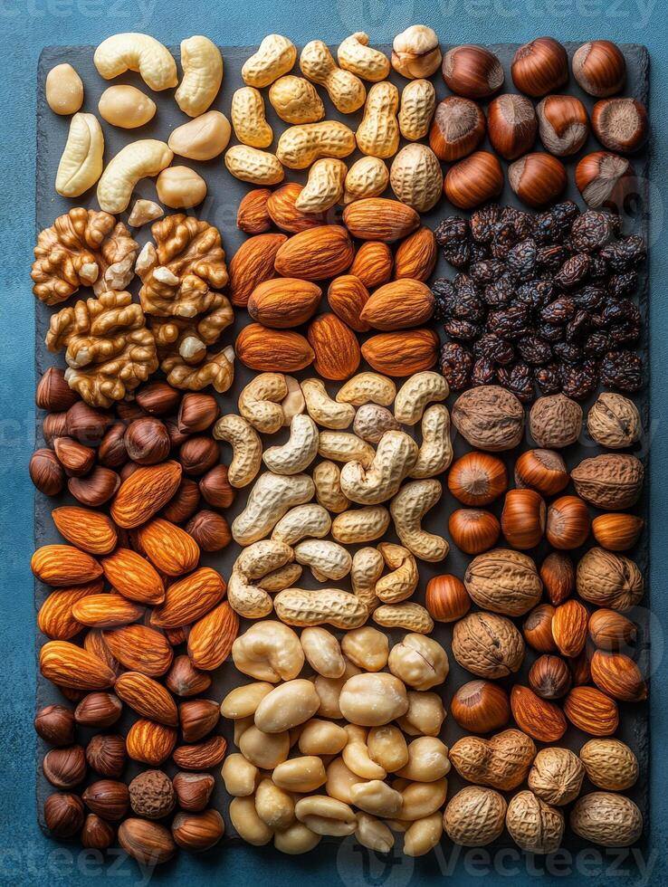 A colorful assortment of various nuts and dried fruits arranged neatly on a surface. photo