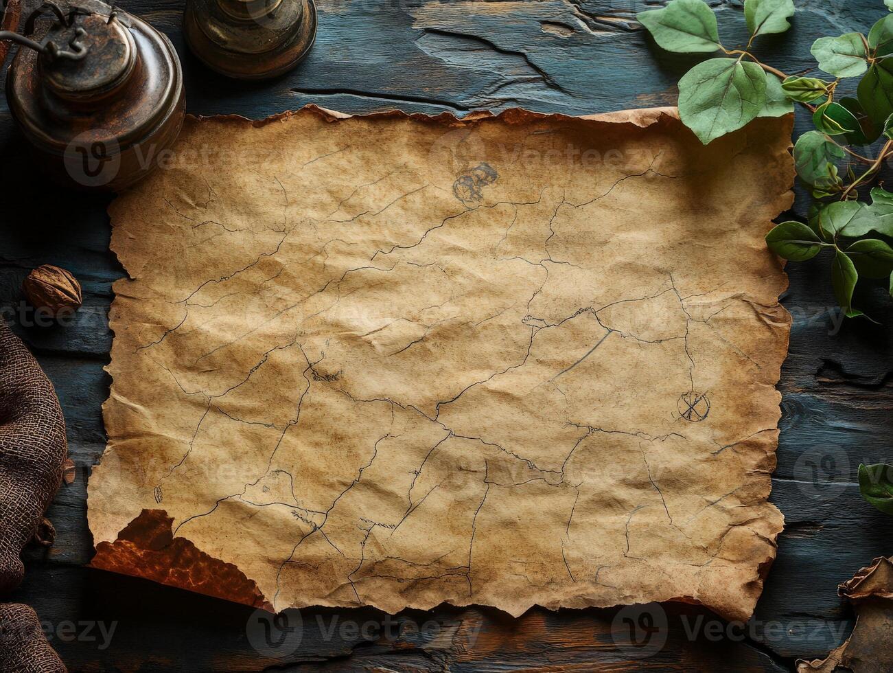 An aged, cracked parchment map with faint markings, suggesting exploration or treasure hunting. photo