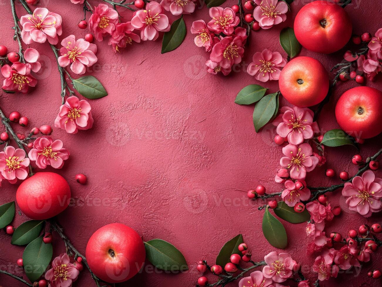 A vibrant arrangement of red apples and pink flowers on a textured background. photo