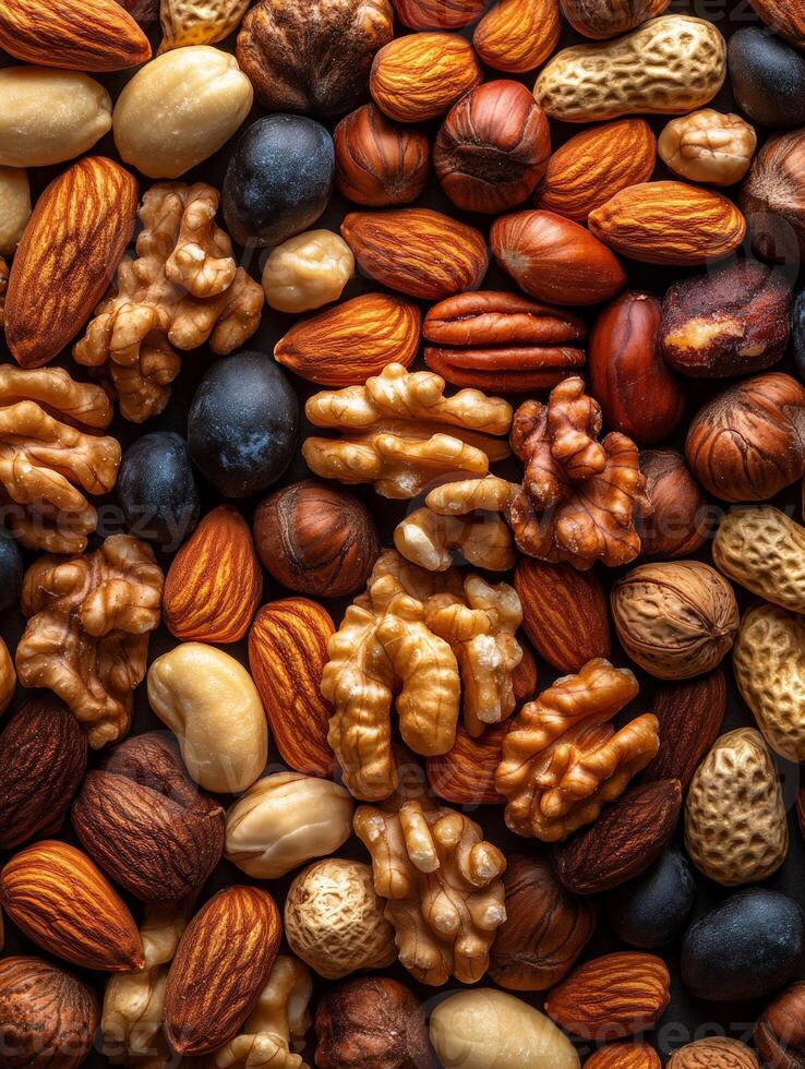 A colorful assortment of various nuts arranged closely together. photo