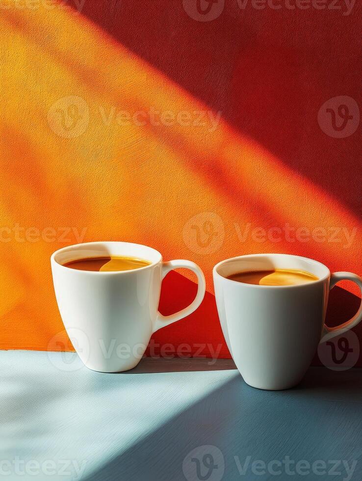Two white cups of coffee on a colorful backdrop, showcasing a warm, inviting atmosphere. photo