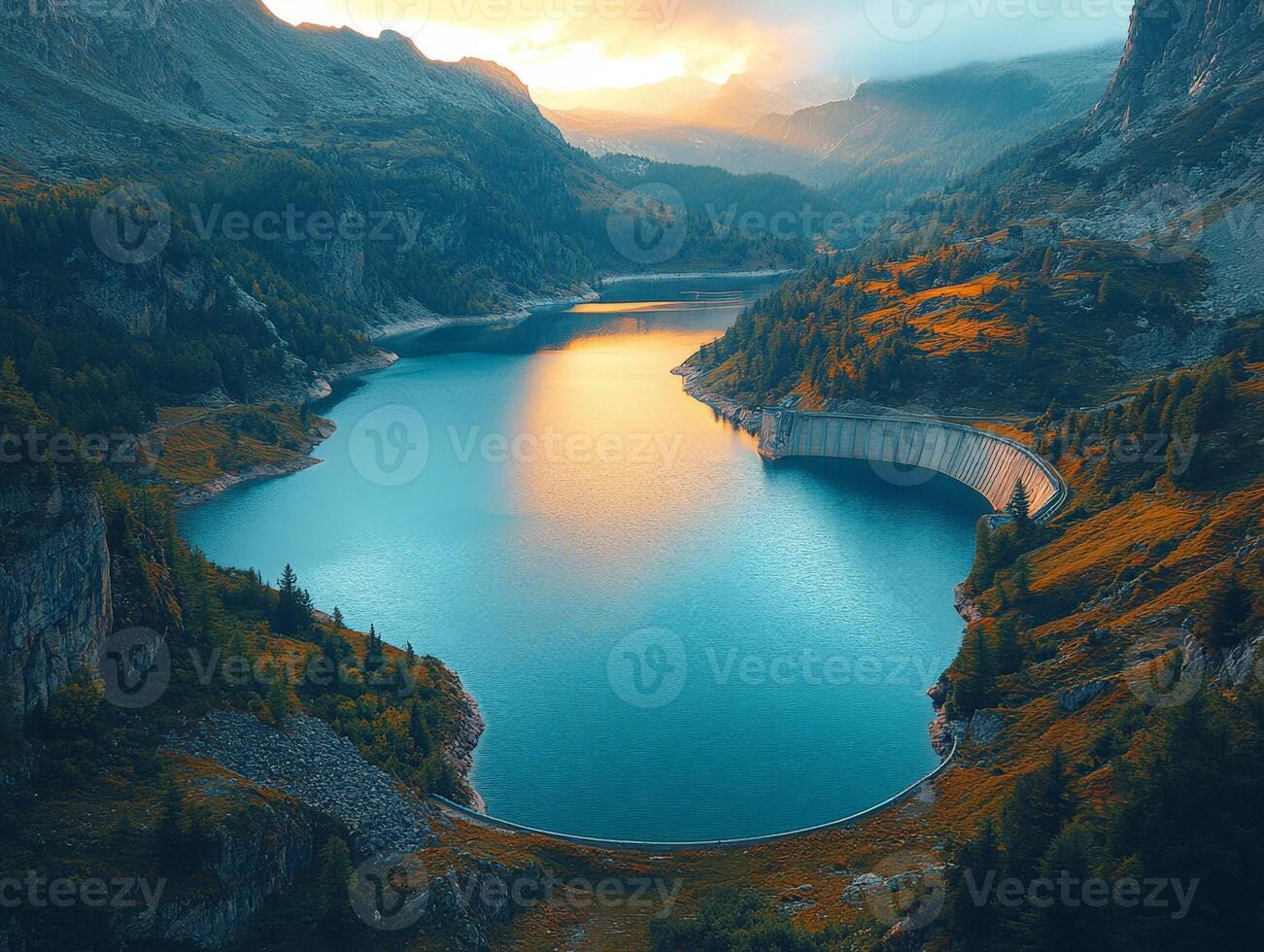 A serene lake surrounded by mountains at sunset, reflecting vibrant colors. photo