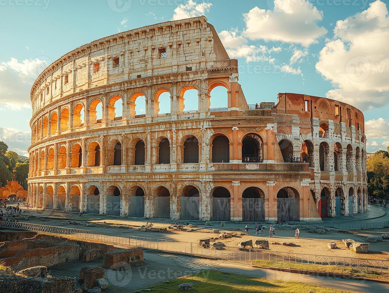 A view of the Colosseum in Rome, showcasing its ancient architecture and historical significance. photo