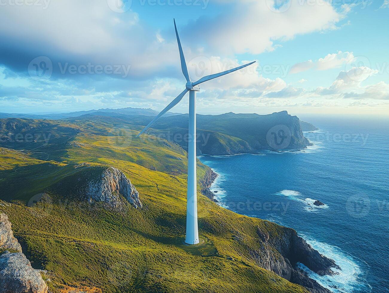 A scenic view of a wind turbine on a cliff overlooking the ocean and green hills. photo