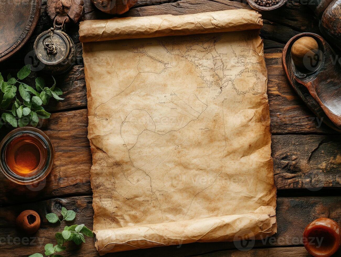 An aged map on a wooden surface, surrounded by natural and vintage objects. photo