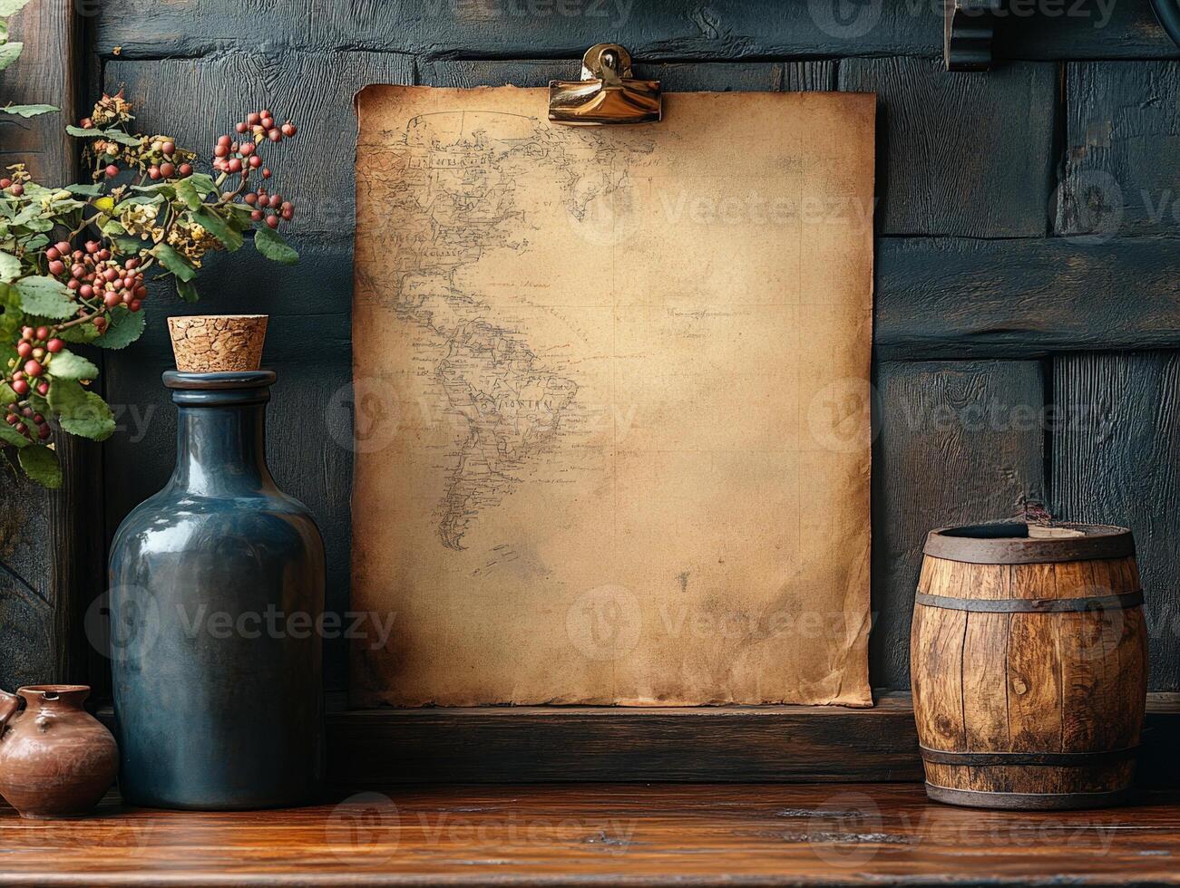 A rustic scene featuring an old map, decorative bottles, and a wooden barrel. photo