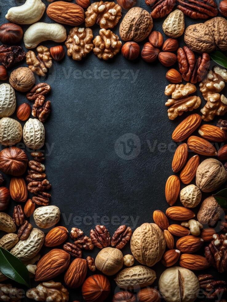 A variety of nuts and seeds arranged in a decorative border on a dark surface. photo