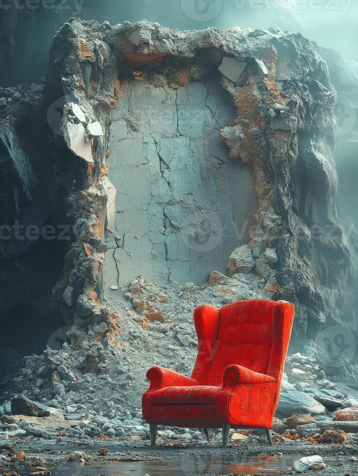 A vibrant red armchair stands alone amidst a crumbling stone wall in a desolate landscape. photo