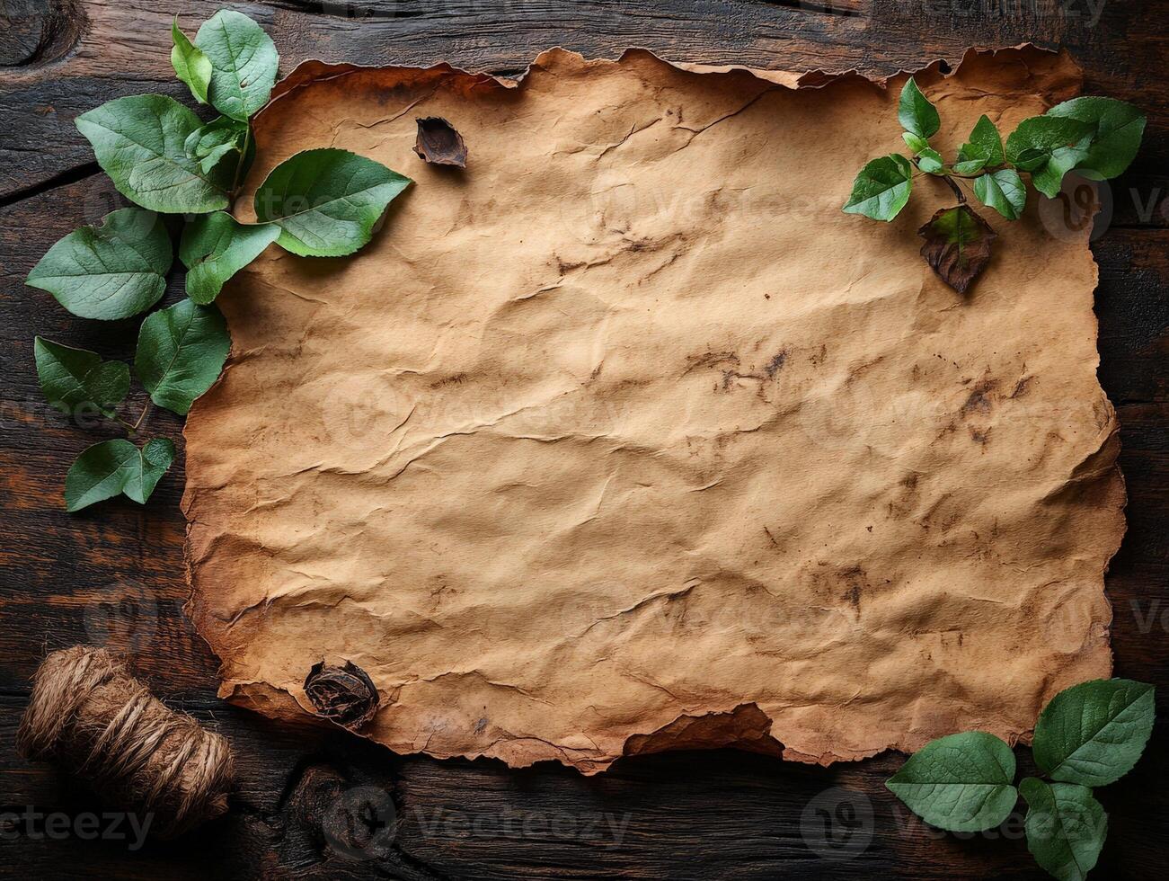 A textured, crumpled parchment surrounded by leaves and twine, ideal for crafting or notes. photo