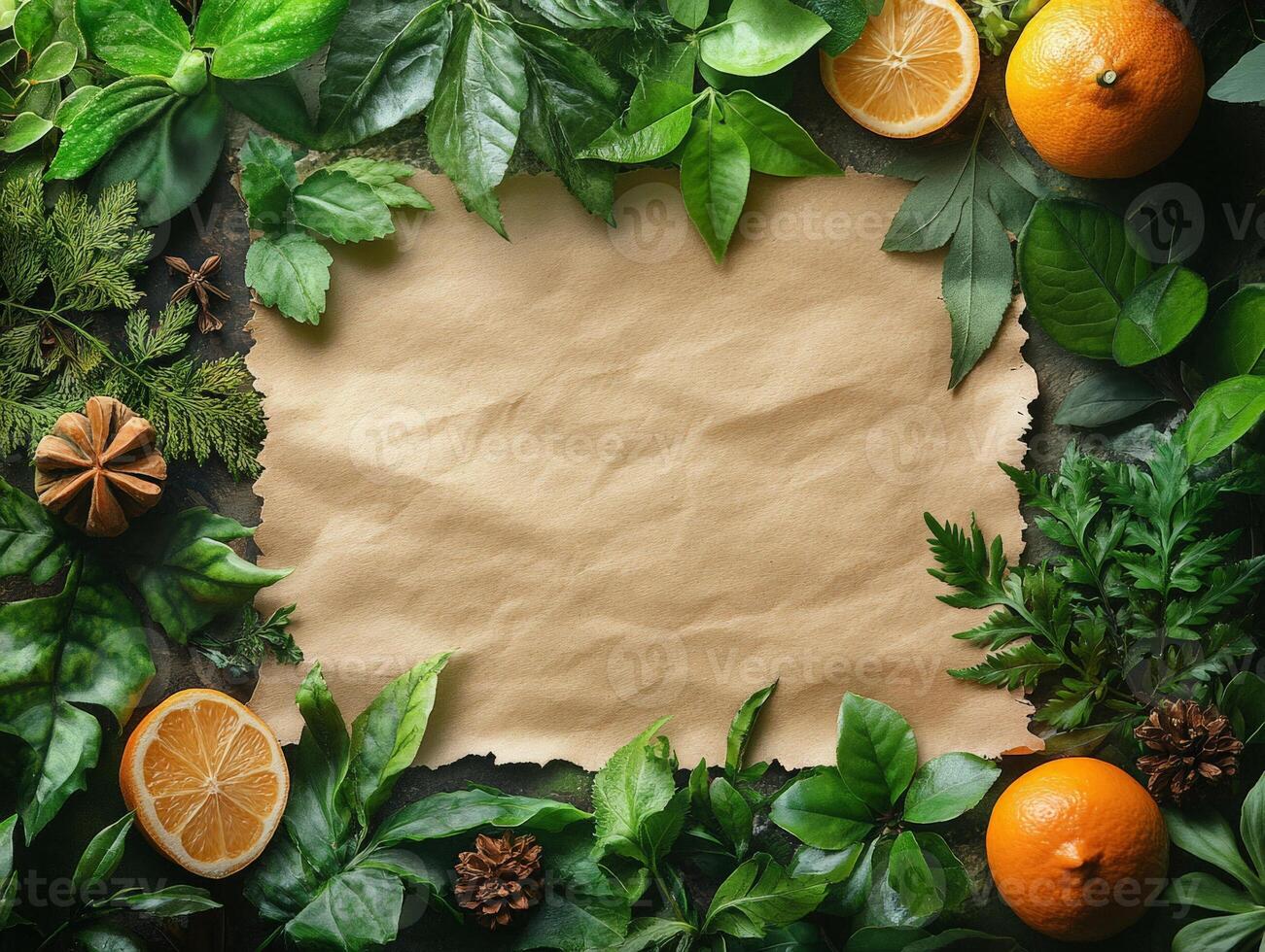A rustic layout of green leaves and citrus fruits surrounding a blank parchment for design. photo