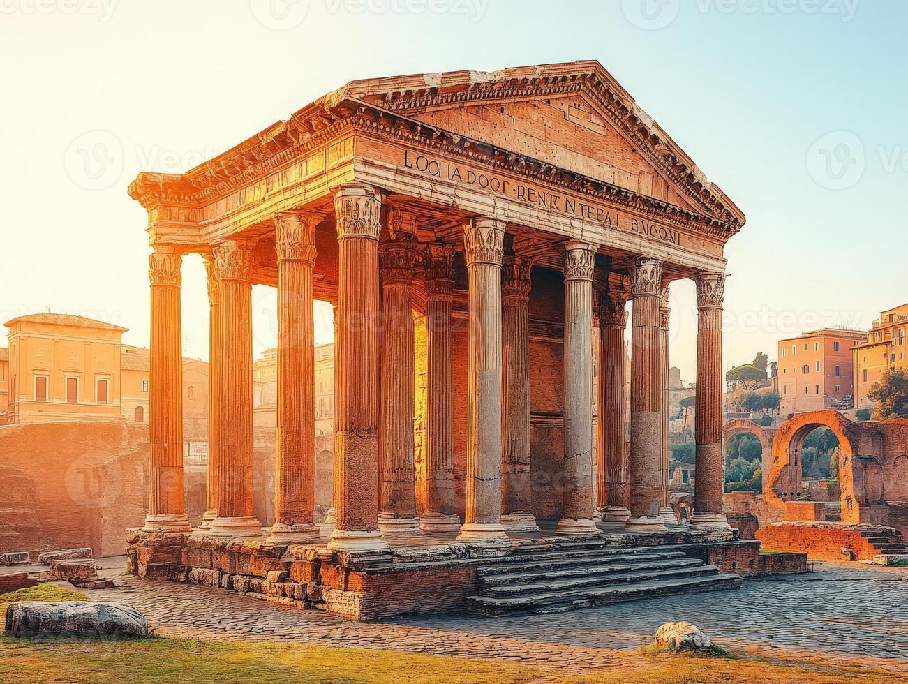 Ancient Roman temple with columns, showcasing historical architecture at sunset. photo