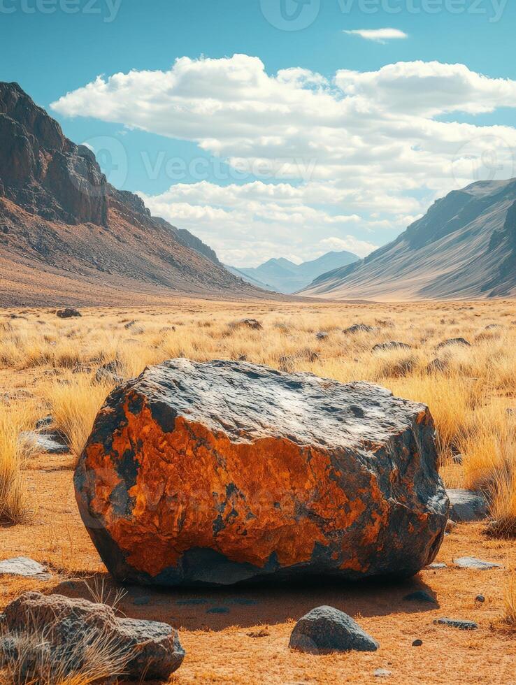 A large rock sits in a vast, dry valley surrounded by mountains and a clear blue sky. photo
