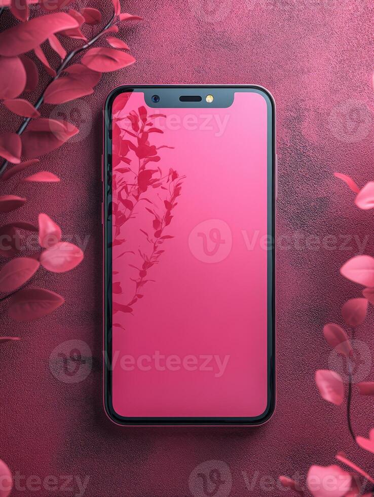 A pink smartphone on a textured surface surrounded by pink leaves. photo
