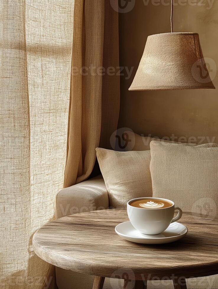 A cozy corner featuring a cup of coffee on a wooden table beside a soft sofa and curtains. photo