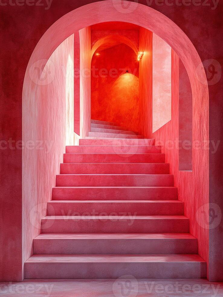 A vibrant staircase with an archway, illuminated in warm red tones. photo