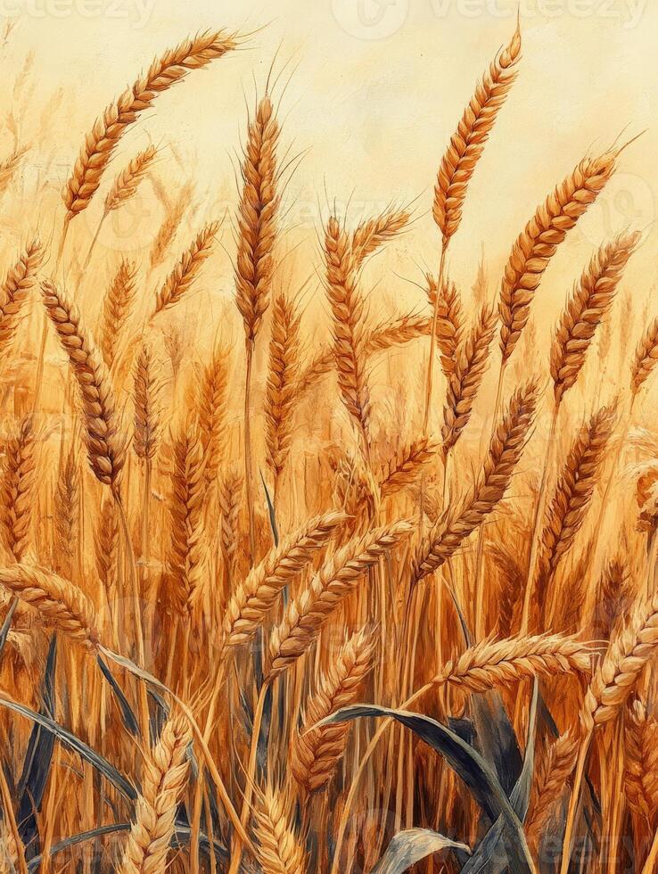 A close-up view of golden wheat stalks swaying in a field under a soft, warm light. photo