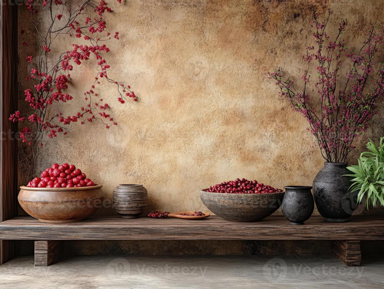 A serene display of red fruits and decorative plants against a textured wall. photo