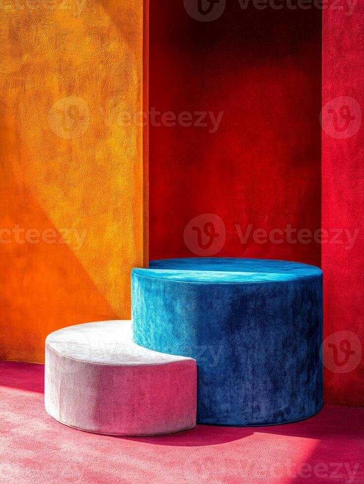 A vibrant arrangement of circular stools against a colorful backdrop. photo