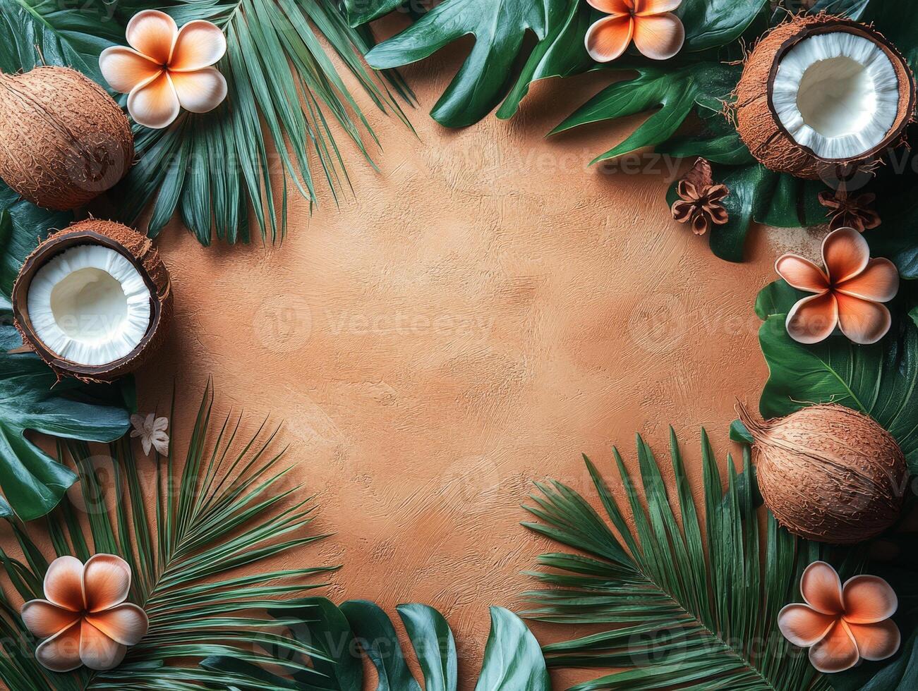 Tropical-themed flat lay with coconuts, flowers, and leaves on a textured background. photo