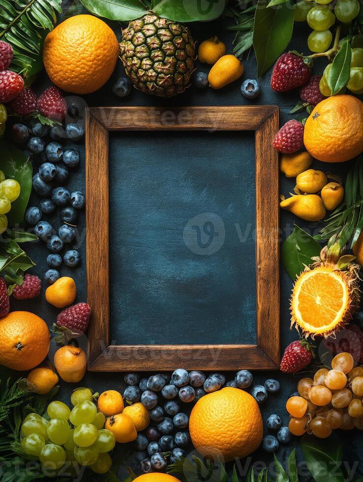 A wooden frame surrounded by various fruits and leaves, ideal for a fresh food display. photo