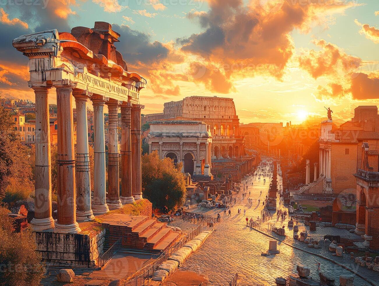 A stunning sunset view of ancient Roman ruins, highlighting historical architecture and vibrant sky. photo