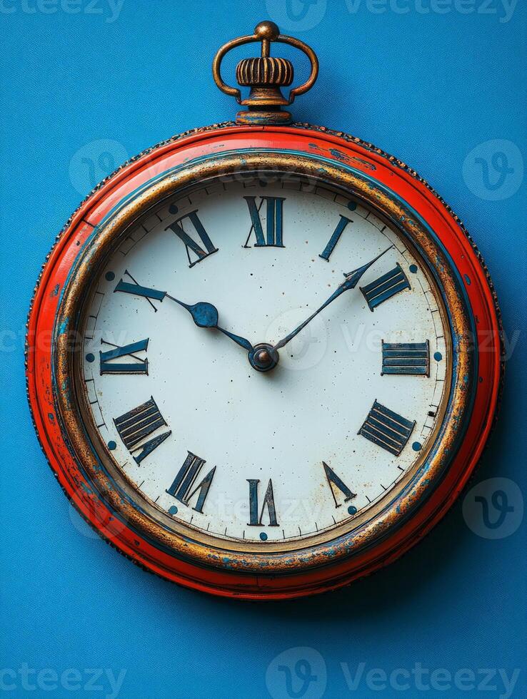 A vintage pocket watch with Roman numerals on a vibrant blue background. photo