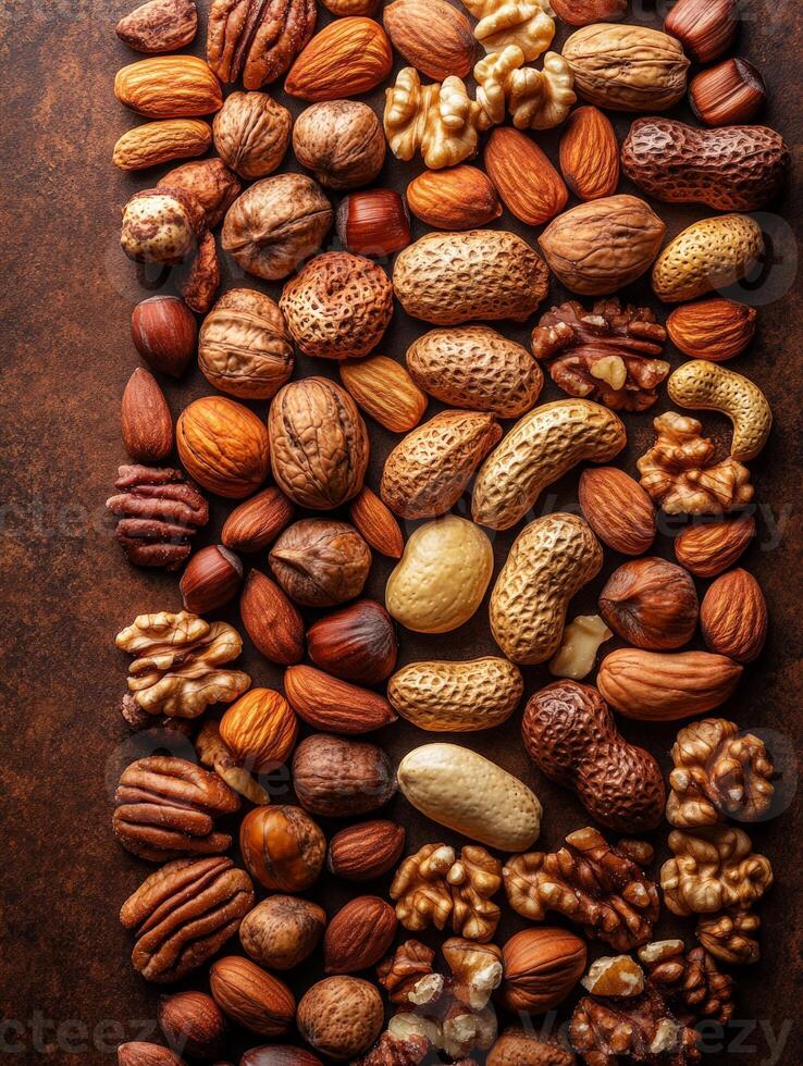 A variety of nuts arranged aesthetically on a textured surface. photo