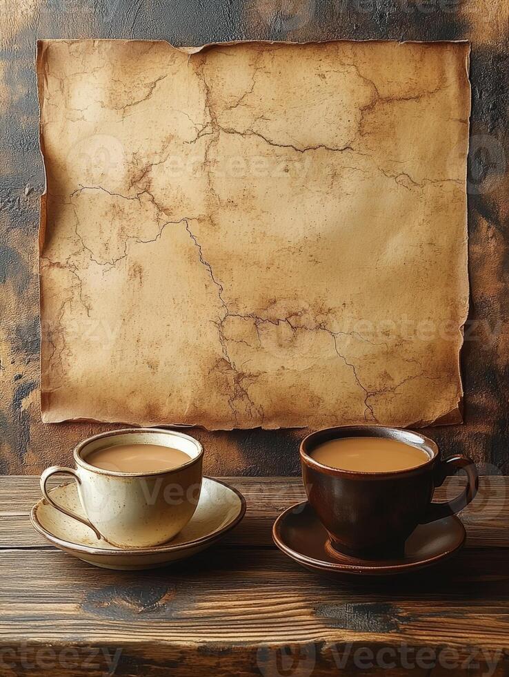 Two cups of coffee beside an aged, cracked parchment on a wooden surface. photo