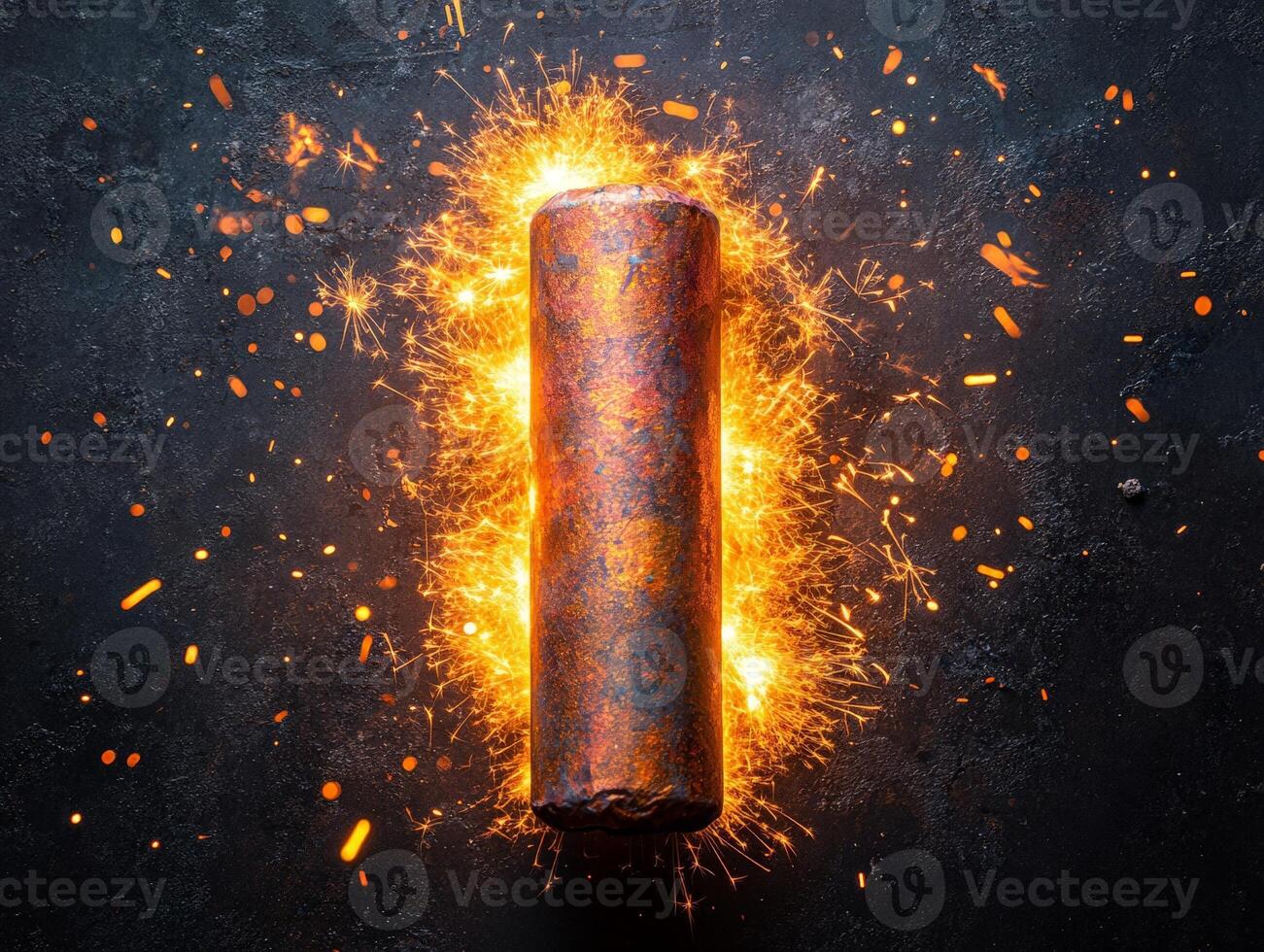 A cylindrical object surrounded by sparks, suggesting energy or creativity. photo