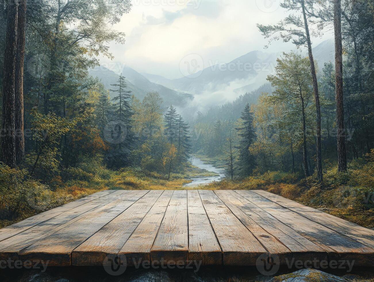A serene forest landscape with a wooden platform overlooking a tranquil river. photo