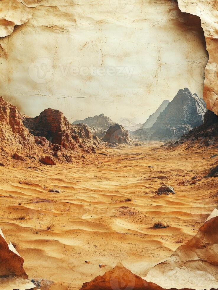 A desert landscape with mountains, framed by torn paper, evoking a sense of exploration. photo