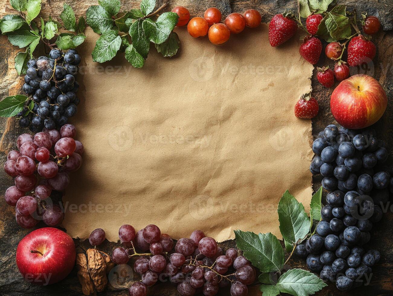 A rustic layout featuring various fruits surrounding a blank parchment for creative use. photo