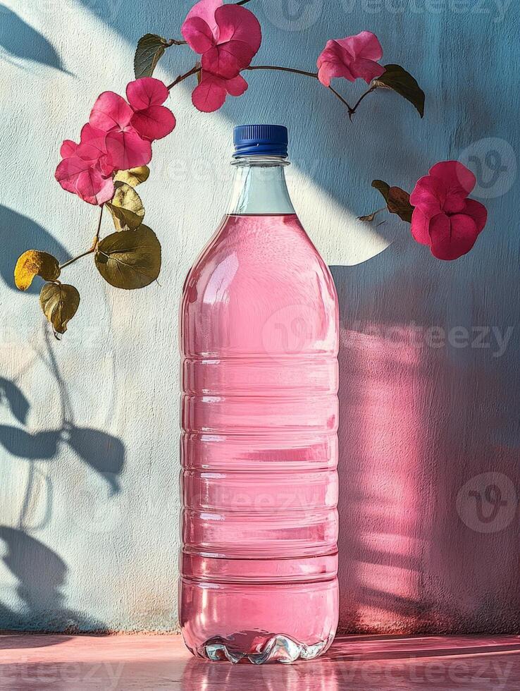 A pink liquid-filled bottle surrounded by vibrant flowers against a colorful backdrop. photo