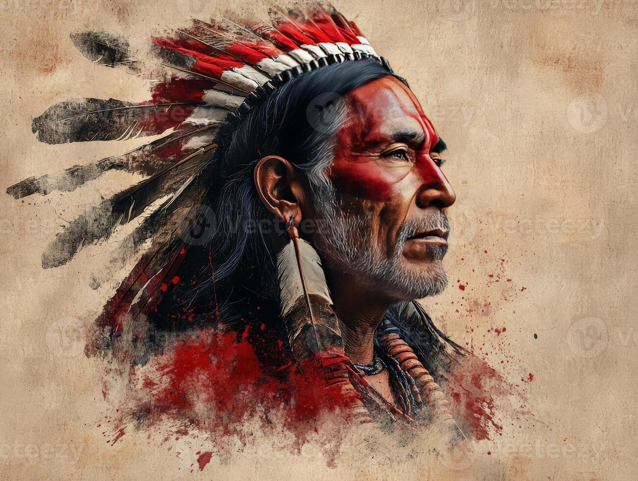 Portrait of a Native American man adorned with traditional attire and face paint. photo
