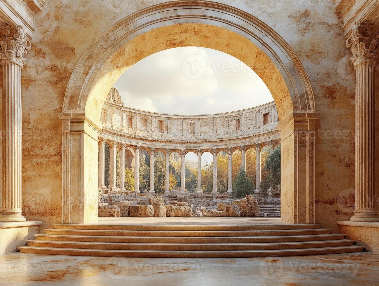 A grand archway reveals an ancient ruin with columns and a serene landscape beyond. photo