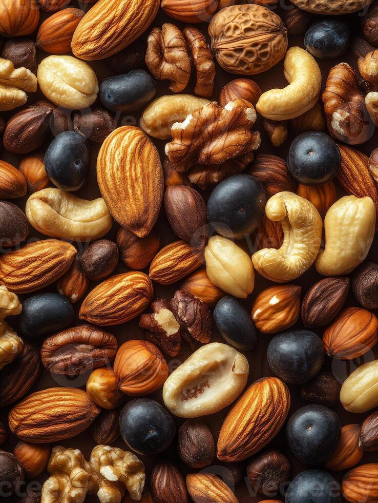 A close-up view of a variety of nuts and seeds, showcasing their textures and colors. photo