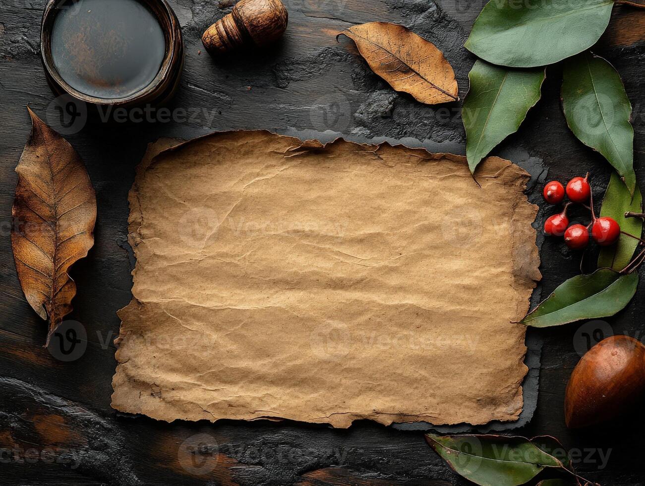 A rustic arrangement featuring a blank parchment, leaves, and natural elements for creative use. photo