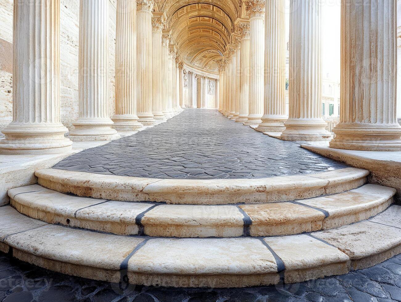 A grand corridor lined with classical columns leading to a bright space. photo