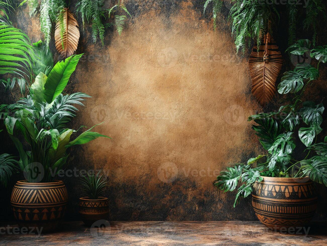 A serene interior scene featuring lush green plants against a textured brown wall. photo
