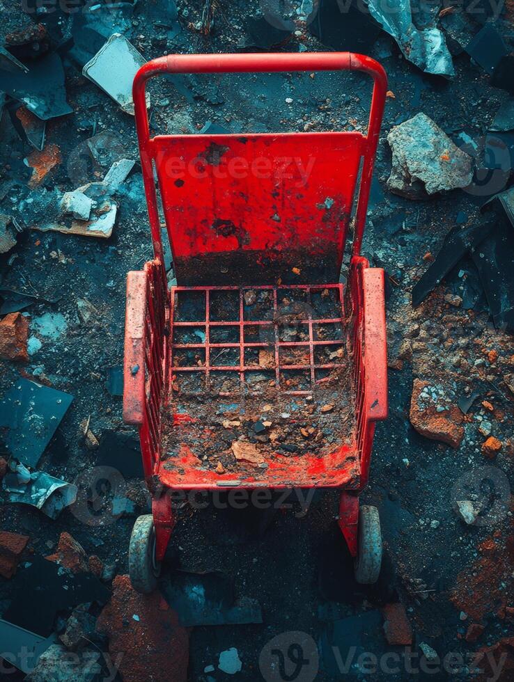 A weathered red cart sits on a debris-strewn surface, showcasing neglect and decay. photo