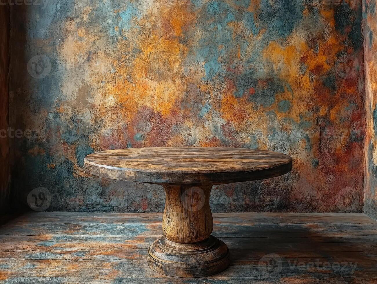 A rustic wooden table against a textured, colorful wall, creating a warm atmosphere. photo