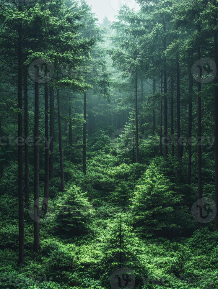 Lush green forest with towering trees and dense undergrowth, evoking tranquility and nature's beauty. photo