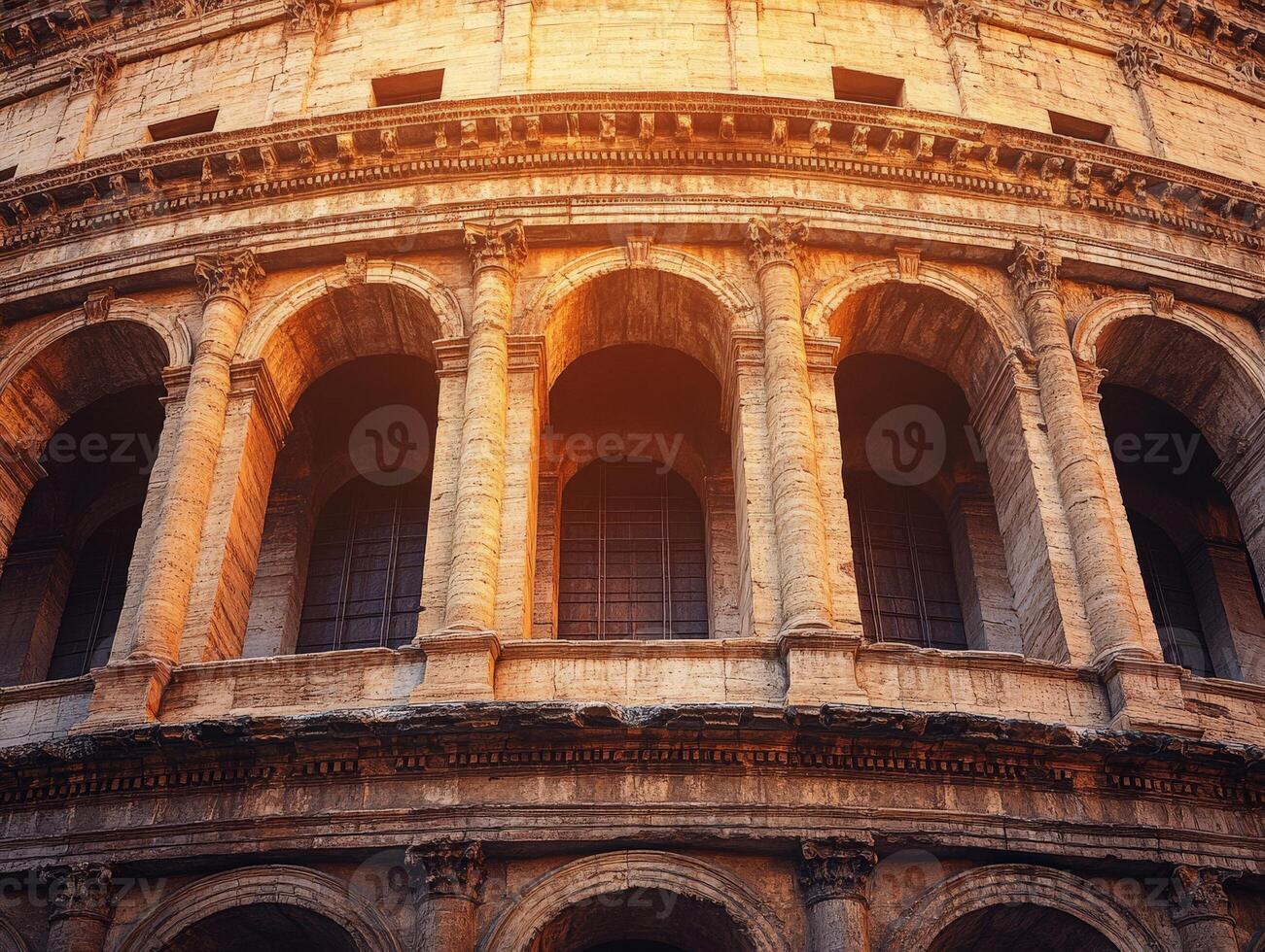 Close-up of the Colosseum's arches showcasing ancient Roman architecture at sunset. photo