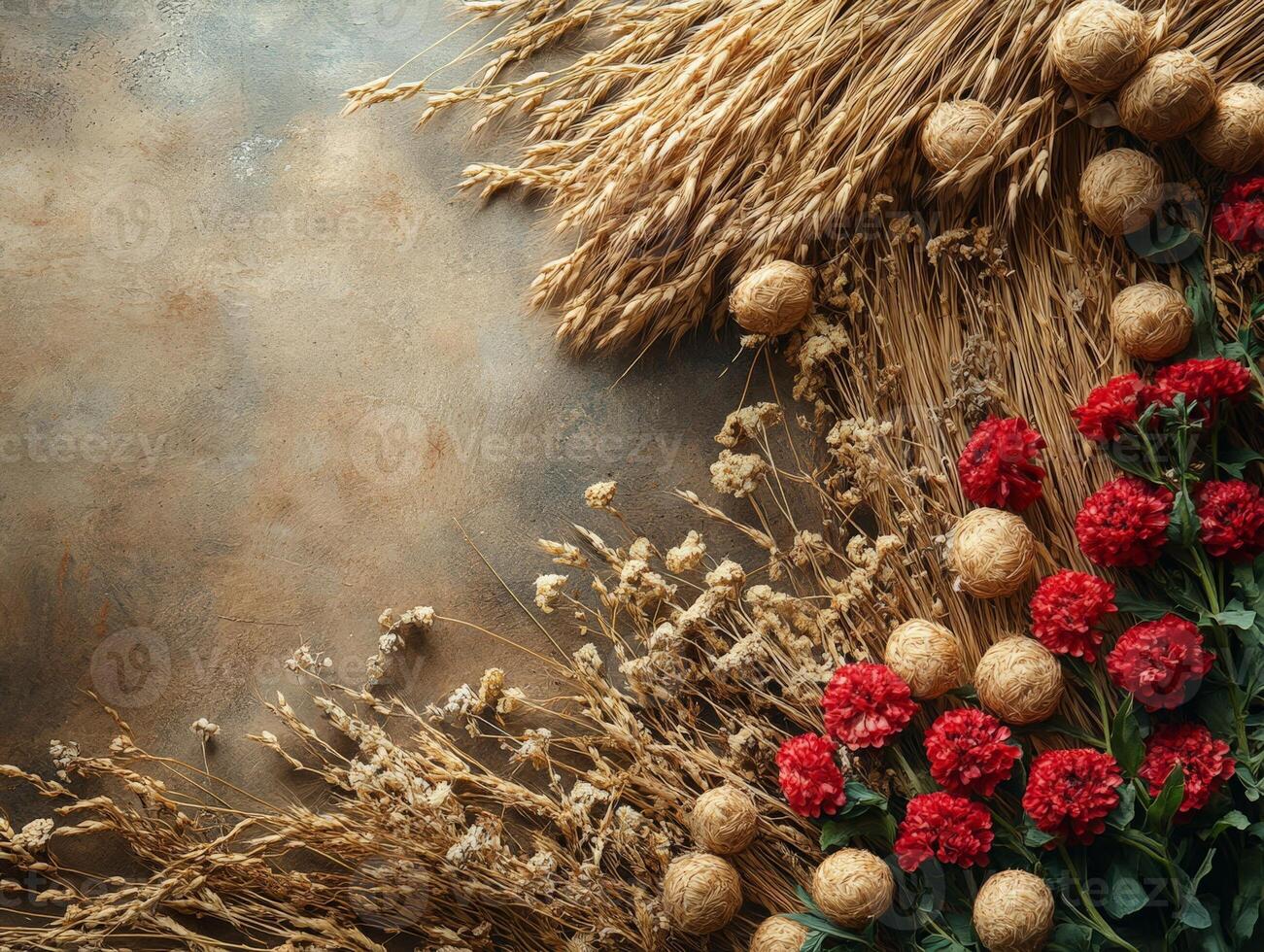 A beautiful arrangement of dried flowers and grains on a textured background. photo