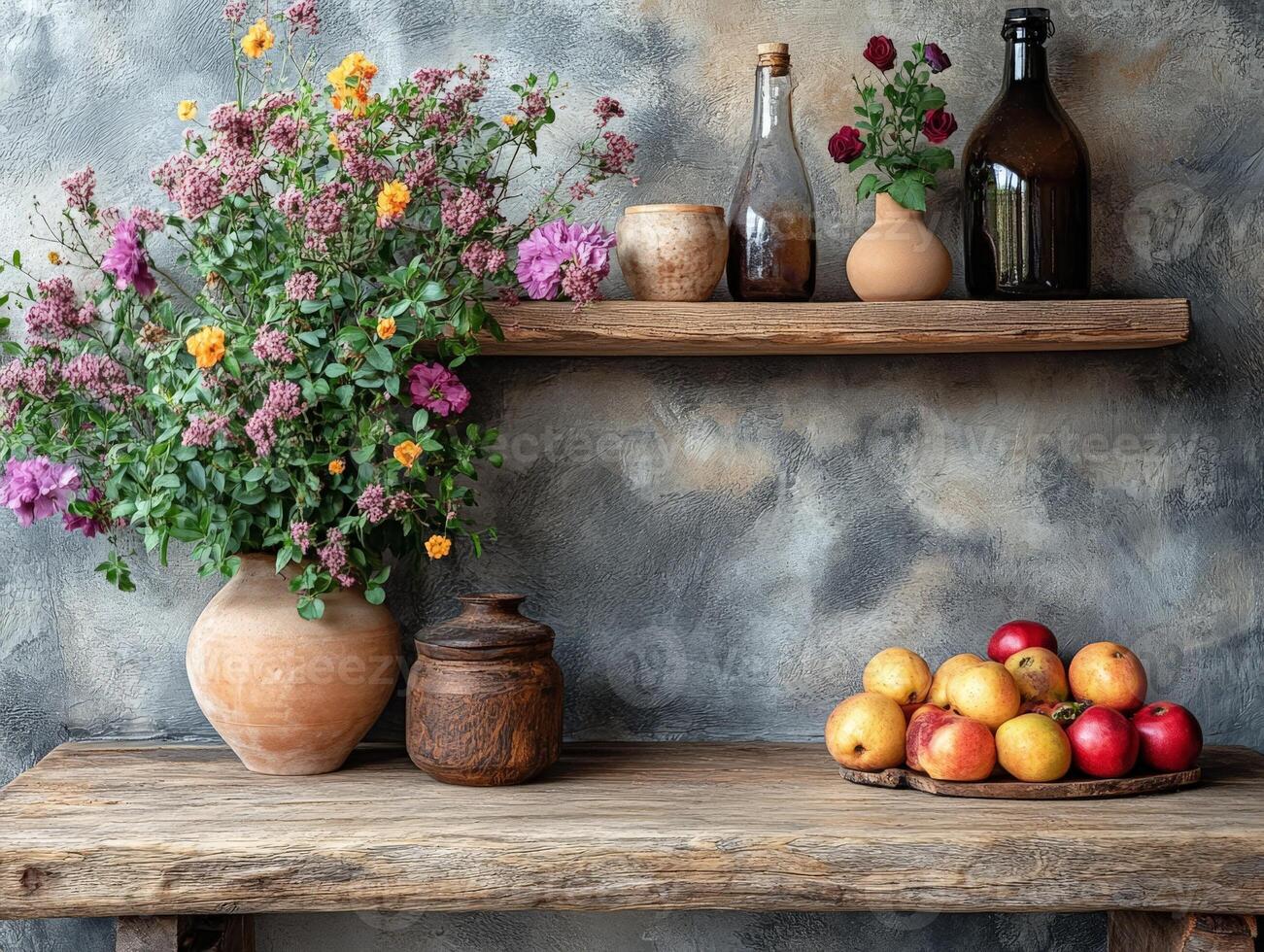 A rustic shelf displays flowers, fruits, and pottery, creating a cozy, natural ambiance. photo