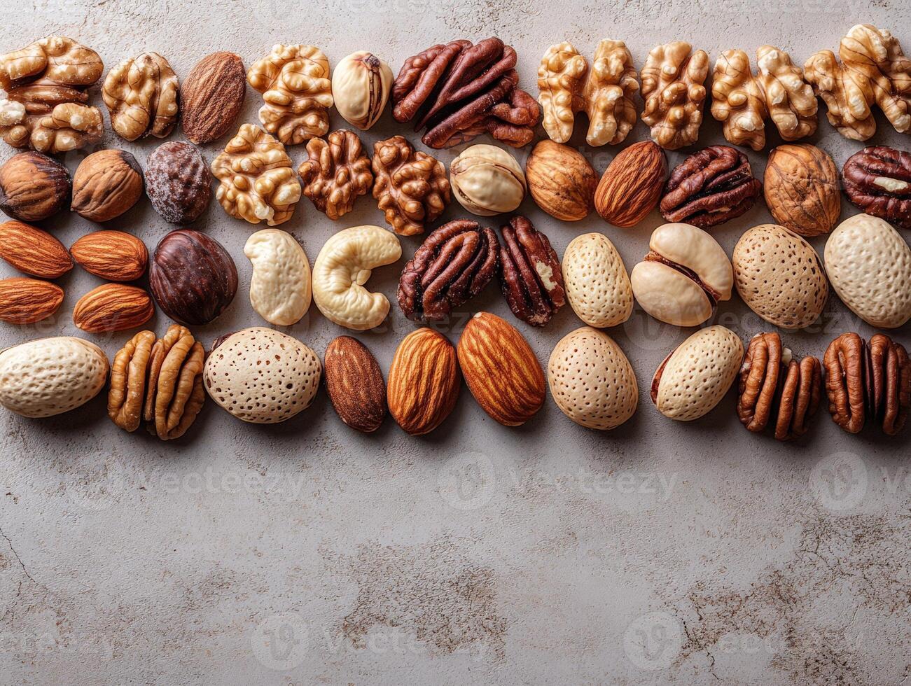 A variety of nuts arranged neatly on a textured surface. photo