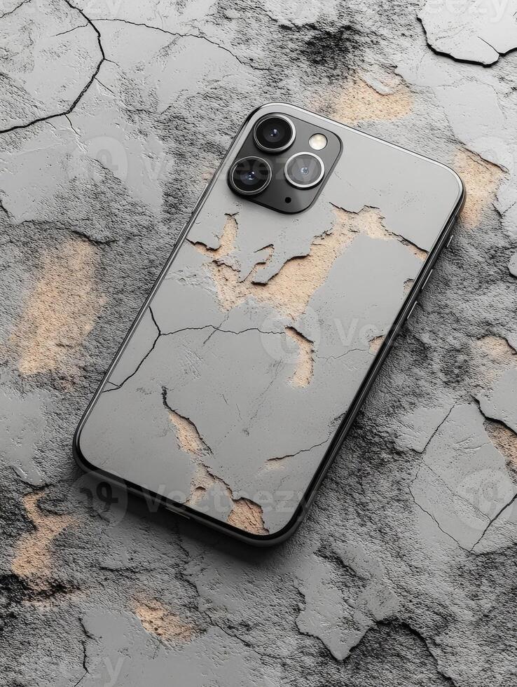 A smartphone with a cracked surface design on a textured background. photo