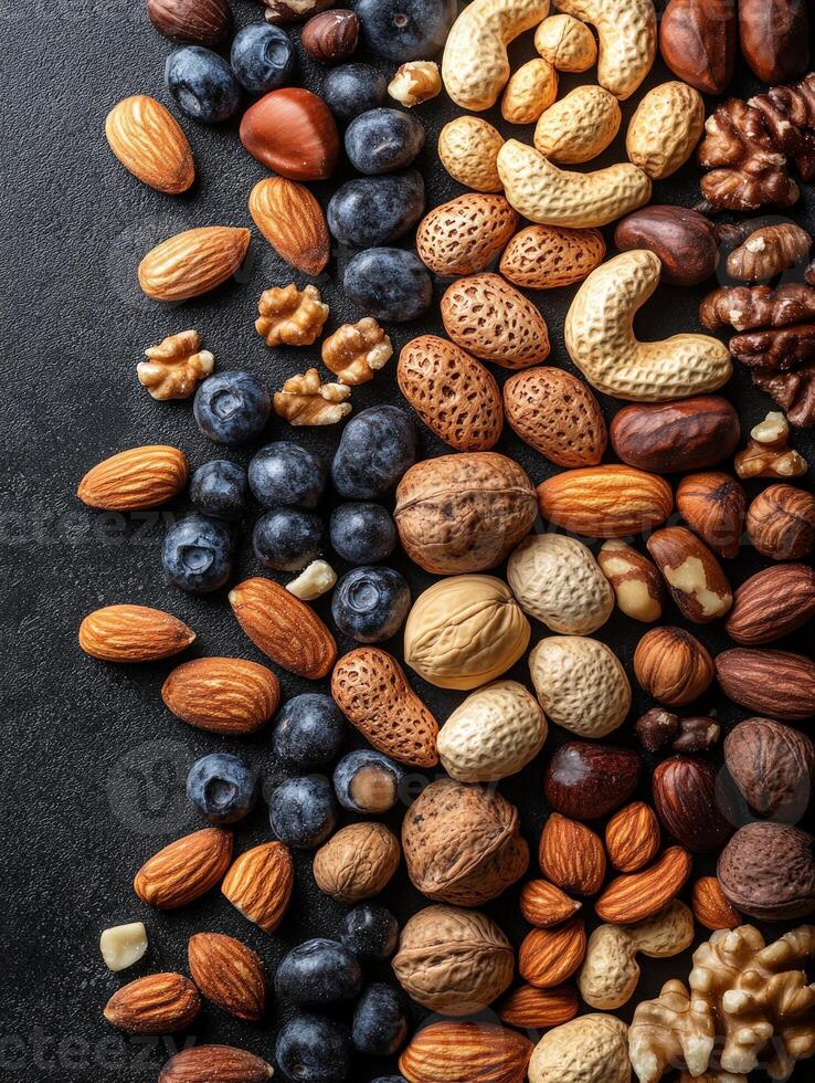 A vibrant assortment of nuts and berries arranged artistically on a dark surface. photo