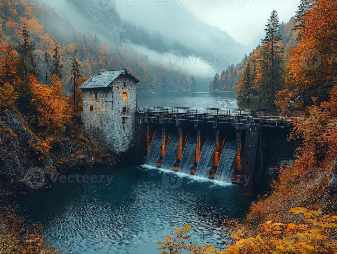 A serene dam in autumn, surrounded by misty mountains and vibrant foliage. photo