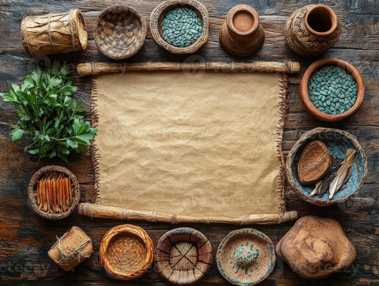 A rustic arrangement of bowls, herbs, and a blank scroll, suggesting a crafting or cooking theme. photo